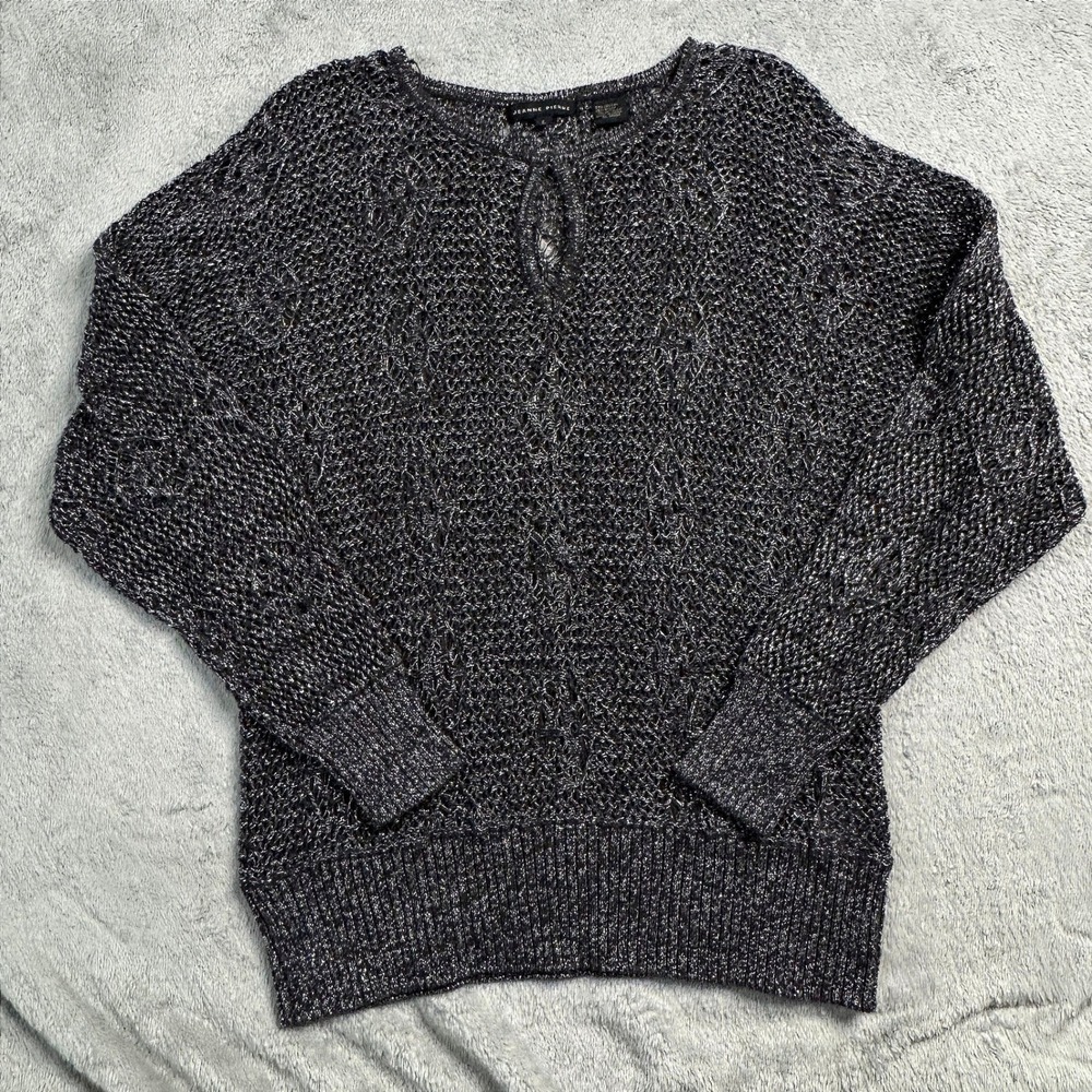 Jeanne Pierre Silver Metallic Open Knit Batwing Sweater Keyhole Neck Gray Large